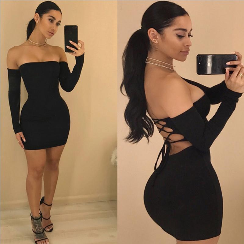 

Fashion Off Shoulder Backless Criss Cross Long Sleeve Sexy Club Bodycon Bandage Party Dress