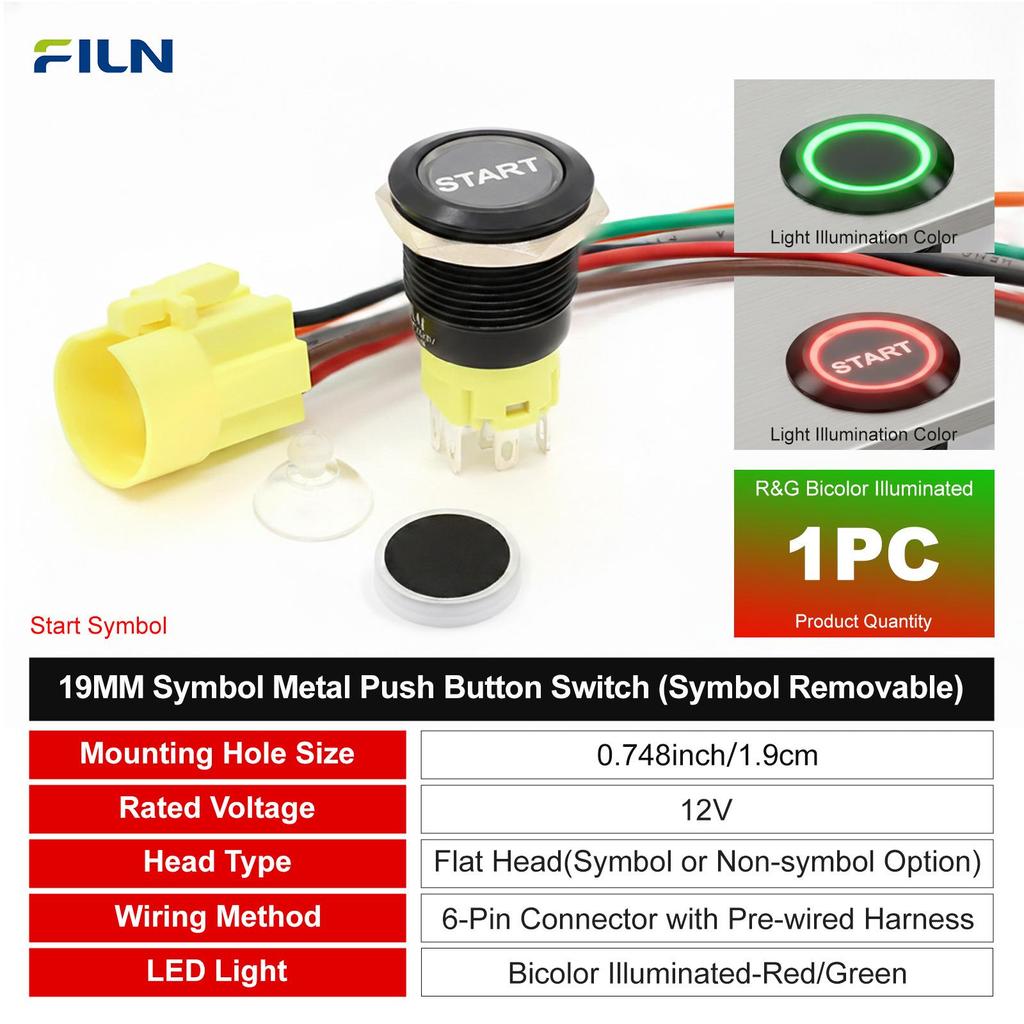 FILN 19mm Waterproof Metal Button Switch, 12V, LED Dual Color, Removable Symbol, Self-locking/Momentary