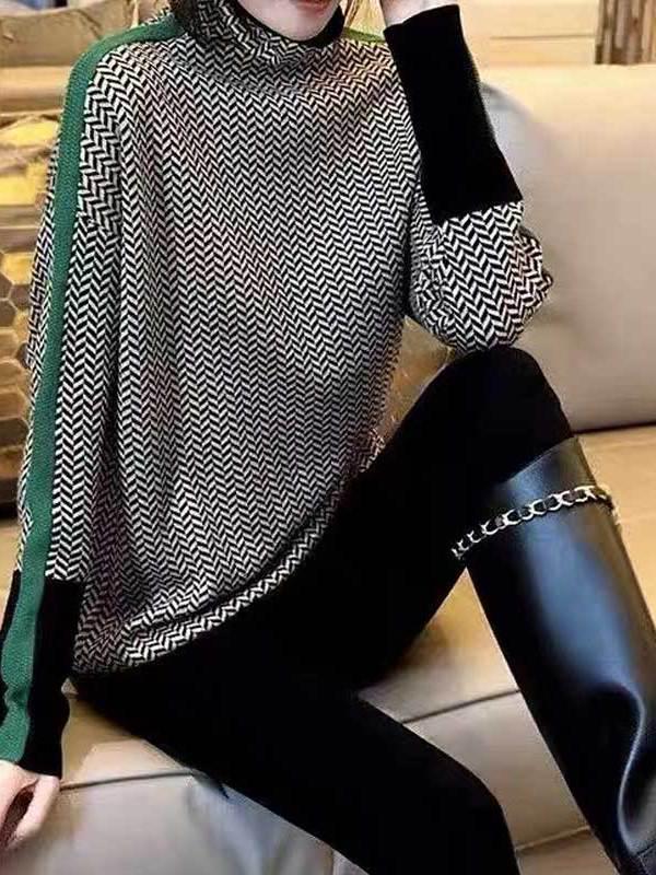 Women's Slimming Striped High Neck Long Sleeve Sweater, Petite Fit, Autumn/Winter 2025 European Style.