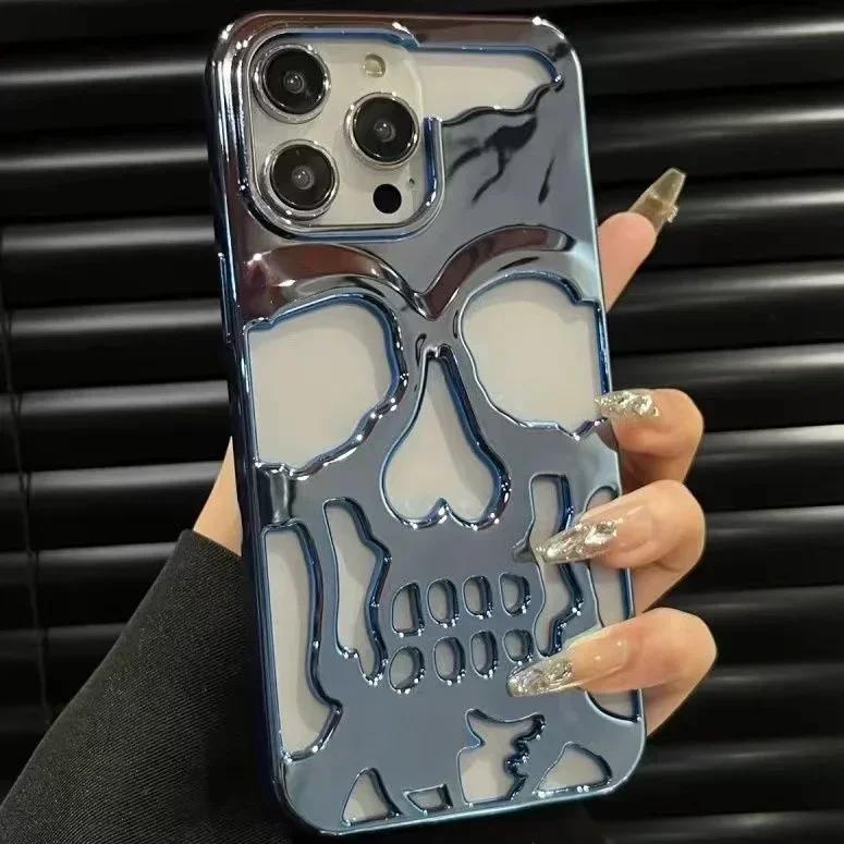 3D Matte Metallic Color Hollow Out Skull Phone Case for iPhone 16 15 13 12 11 14 ProMax 16 15 Plus Fashion Shockproof Soft Cover