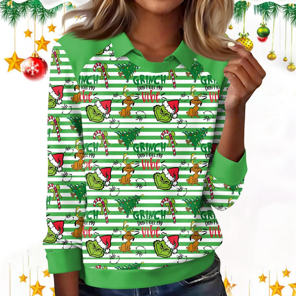 Women's Fashion Christmas Print Lapel Long Sleeve Casual Crewneck T-Shirt Top
