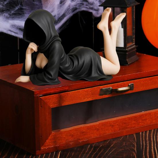 Gothic Bookshelf Sculpture Sexy Black Robe Female Figure Resin Spooky Woman Figurine for Halloween Desktop Decoration