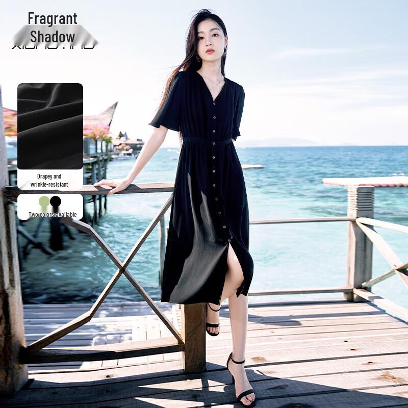 Elegant V-Neck Chiffon Midi Dress with Ruffle Sleeves S