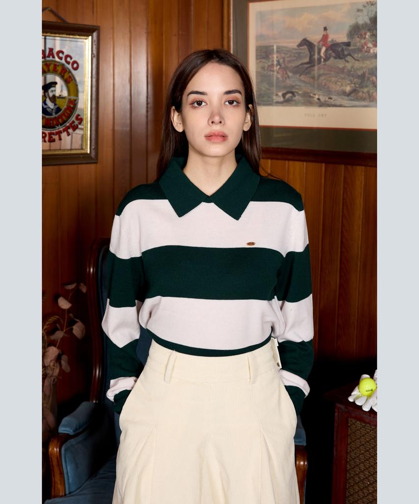 Mondiag [Mondiac X E.Enough] Women'S Merino Wool Round Collar Knit (Green & White Stripe)