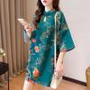 Guochao Women's Frog Button Qipao T-Shirt, Short Sleeve, Mid-Length, Ancient Style, Chinese Round Neck Design