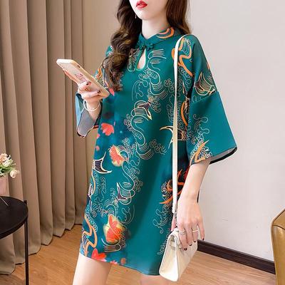Guochao Women's Frog Button Qipao T-Shirt, Short Sleeve, Mid-Length, Ancient Style, Chinese Round Neck Design