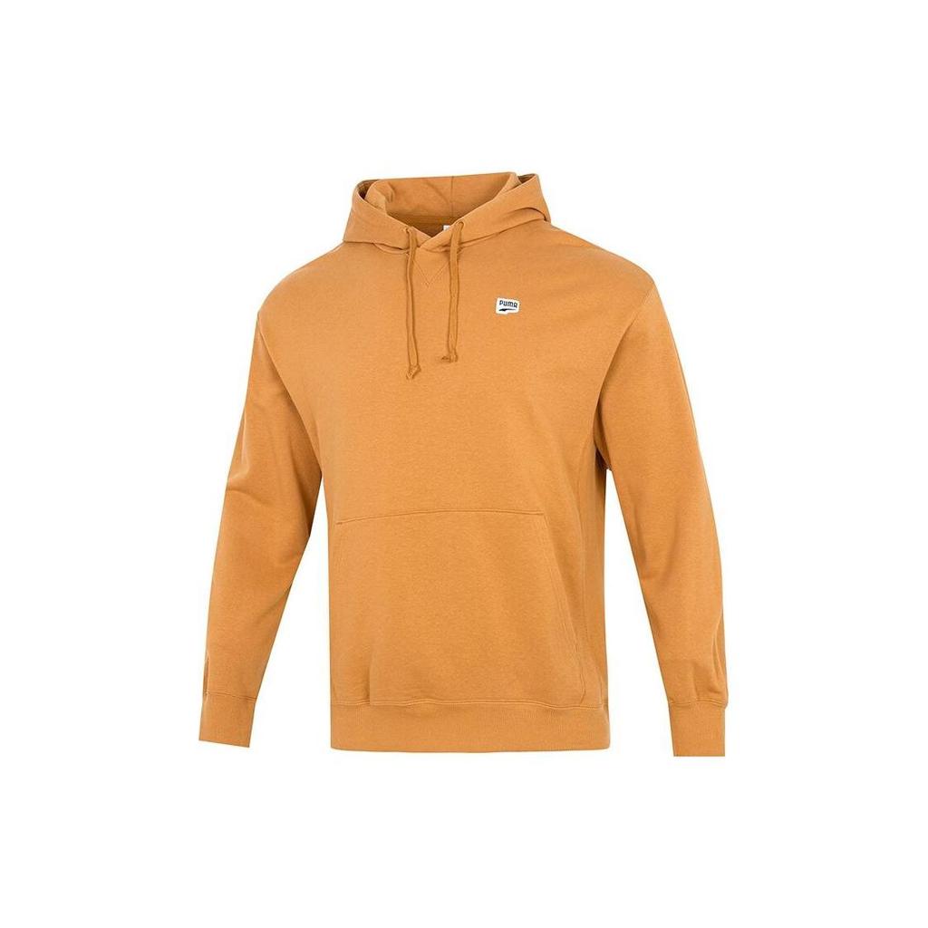 Puma Solid Color Logo Patch Drawstring Hoodie with Long Sleeves Men Tops Yellow 537750-74