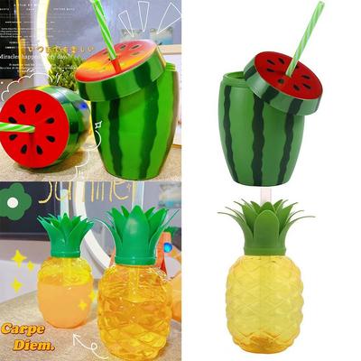 Taza de paja con forma de fruta de dibujos animados, regalo, sandía, limón, fresa, piña, botella de agua, plástico de grado alimenticio, vajilla multicolor para verano