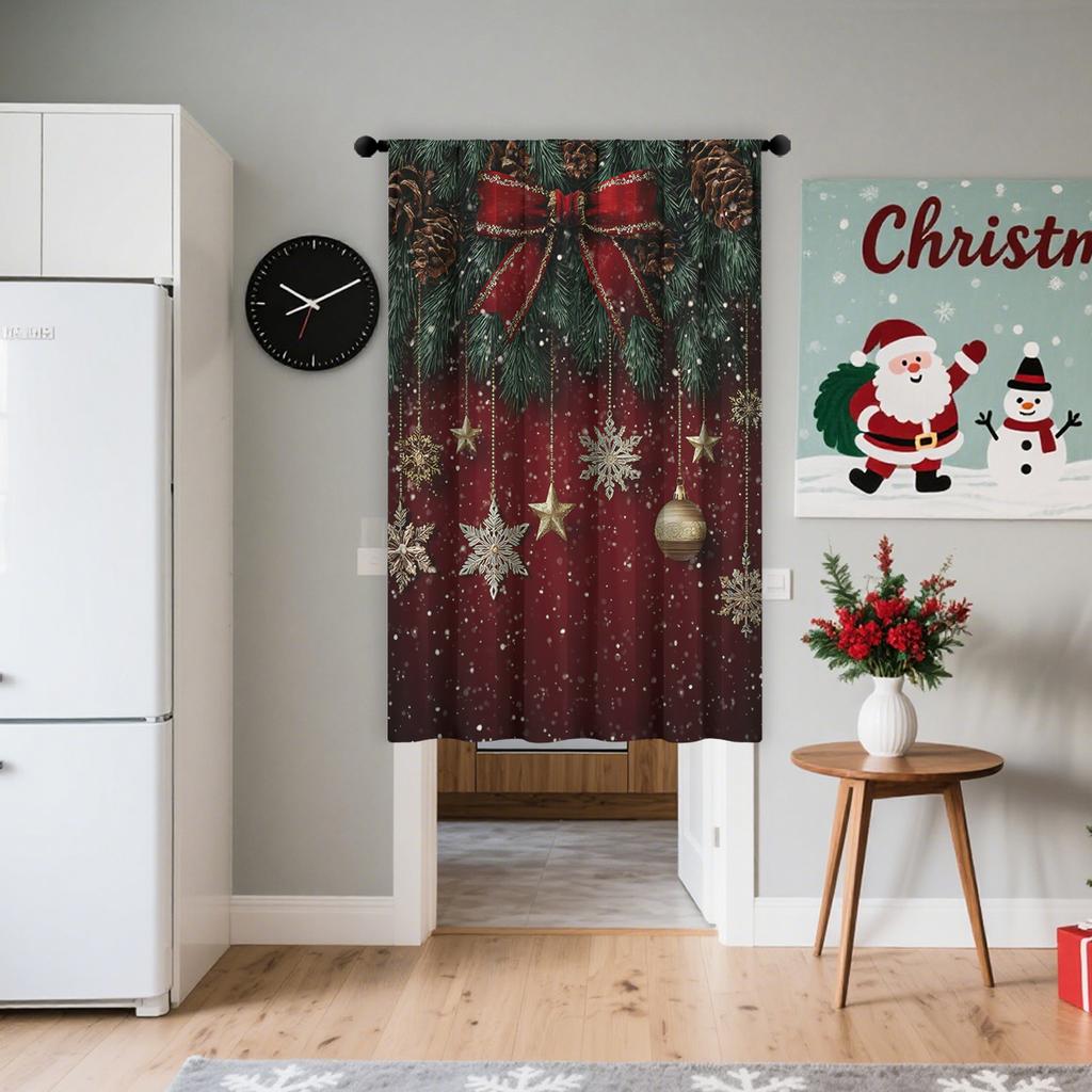 Piece Festive Christmas Curtain Featuring Red Background Bowknots Snowflakes Pine Branches Design Polyester Material Suitable Holiday Parties Home