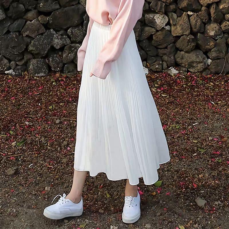 Pleated Chiffon Midi Skirt for Women Mid To Long Spring/summer A-line Slimming Skirt