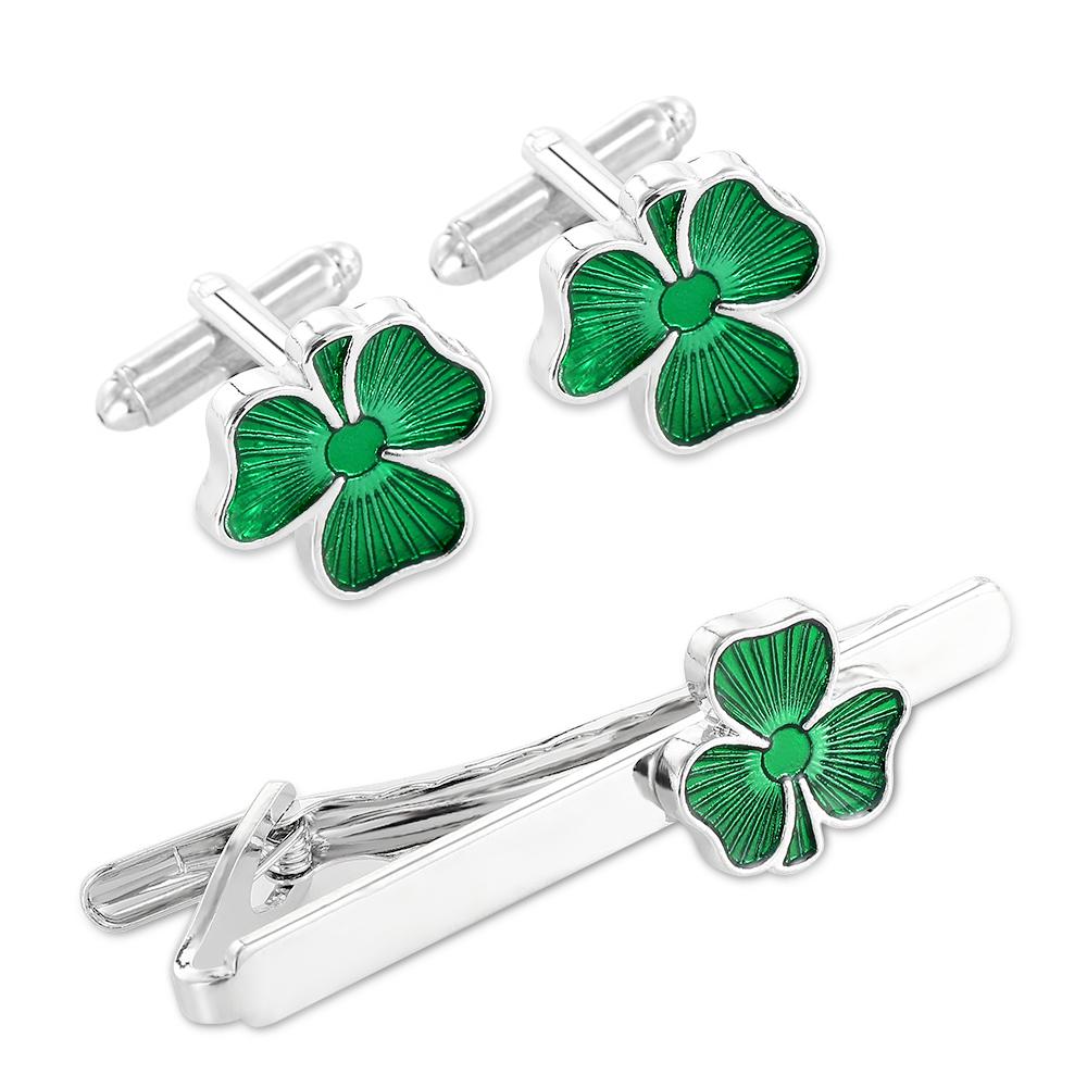 

Mens Green Shamrock Cufflinks&Tie Clip Lucky Jewelry Gift For Boys