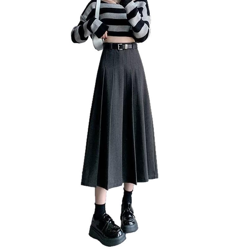Women's Plus Size Academic Style Pleated Woolen Skirt - High Waist Slimming, Anti-Exposure Design