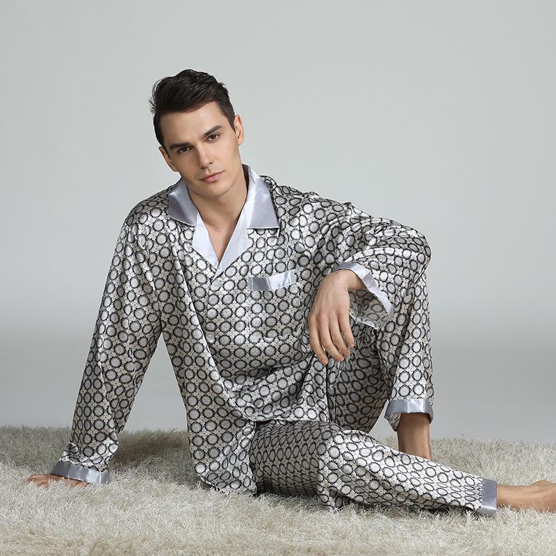Luxury Men s Silk-Feel Pajamas - European/American Style, Large Size, Lapel, Long Sleeve, Thin, Spring/Autumn. XL