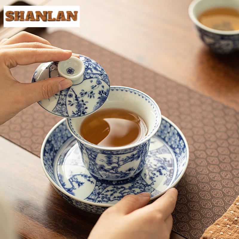 170ml Jingdezhen Antique Blue And White Gaiwan Aesthetic Twelve Gods Of Flowers Tea Tureen Tea Making Cover Bowl Cafes Tea Craft