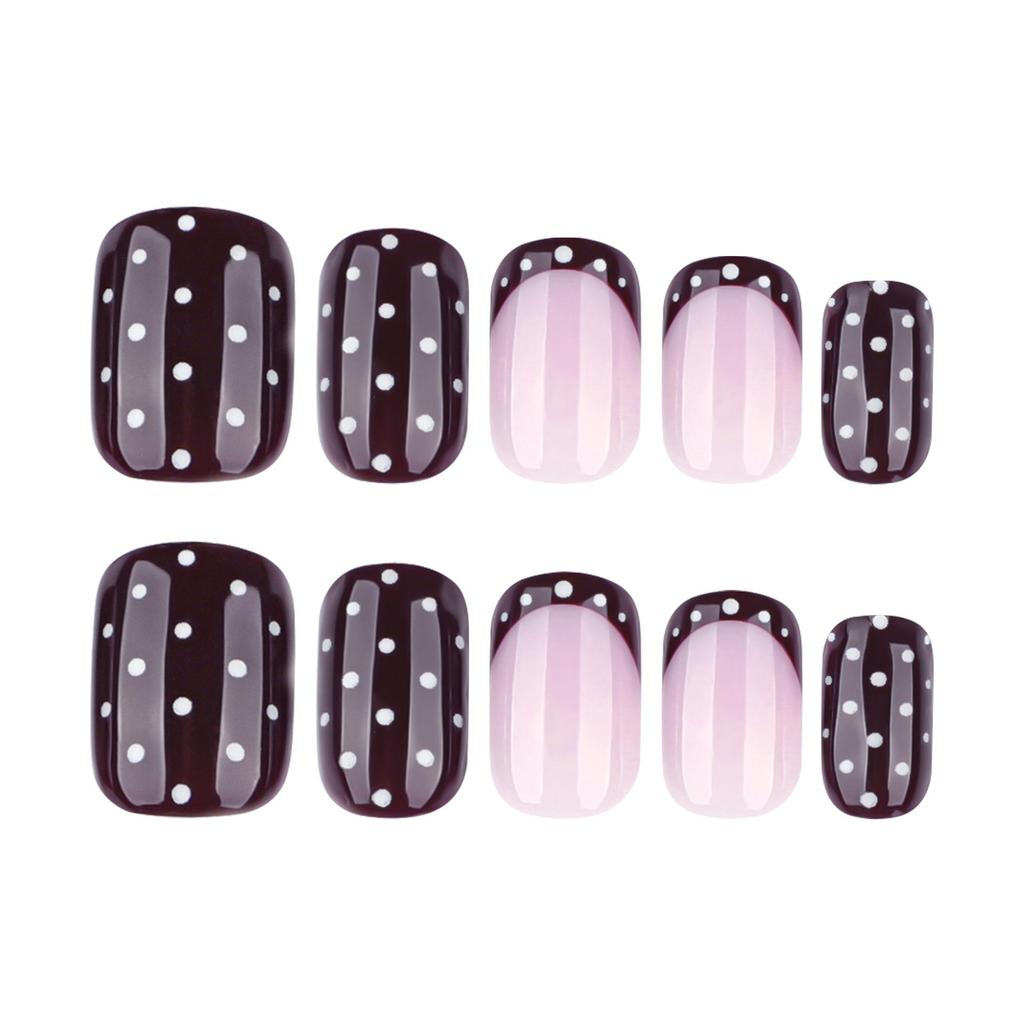 Wine Red Autumn-Winter Press-On Nails with White Polka Dots - Short Square Fake Nails
