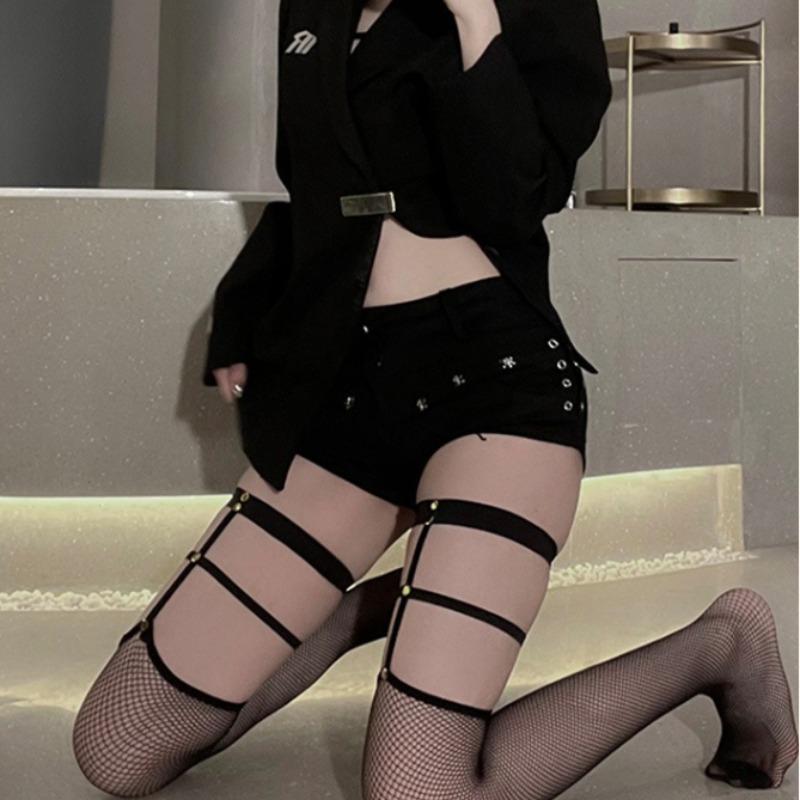 Ladies' Black Rivet Fishing Net Knee High Socks Hollow Socks Long Black Silk Suspender Sexy Silk Mesh Stockings