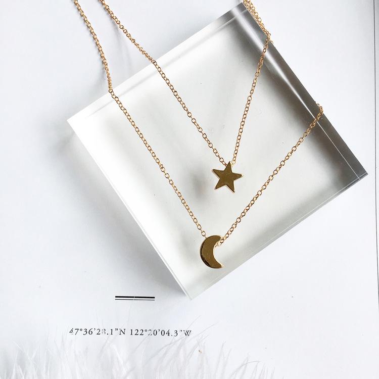 European and American Fashion Metal Double Layer Star and Moon Pendant Necklace Korean Style Fashion Versatile Women's Necklace