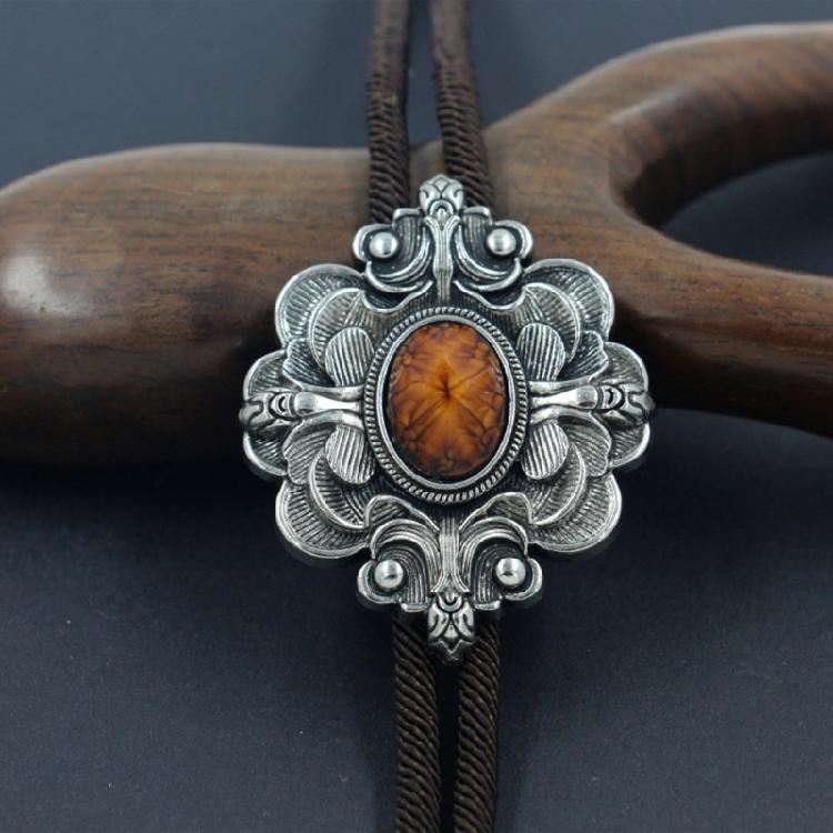 Unique Flower Necktie Braided Cord Alloy Engraving Stone Charm Neck Jewelry Tie Unisex Necklace Rodeos