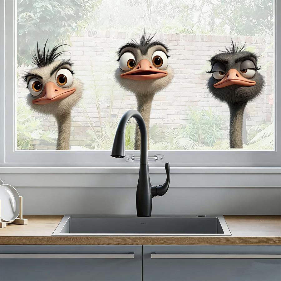Static Cling Cartoon Ostrich Peeking Through Window Double Sided Same Color Glass Window Sticker Home Decor