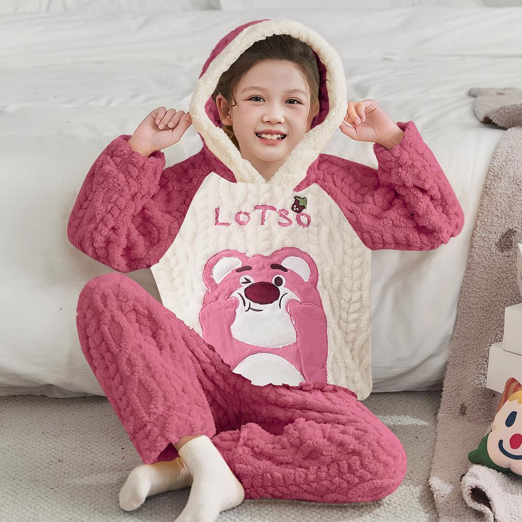 Kids Flannel Pajamas Set Boys Girls Warm Long Sleeve Top And Pants Sleepwear Winter Home Nightwear