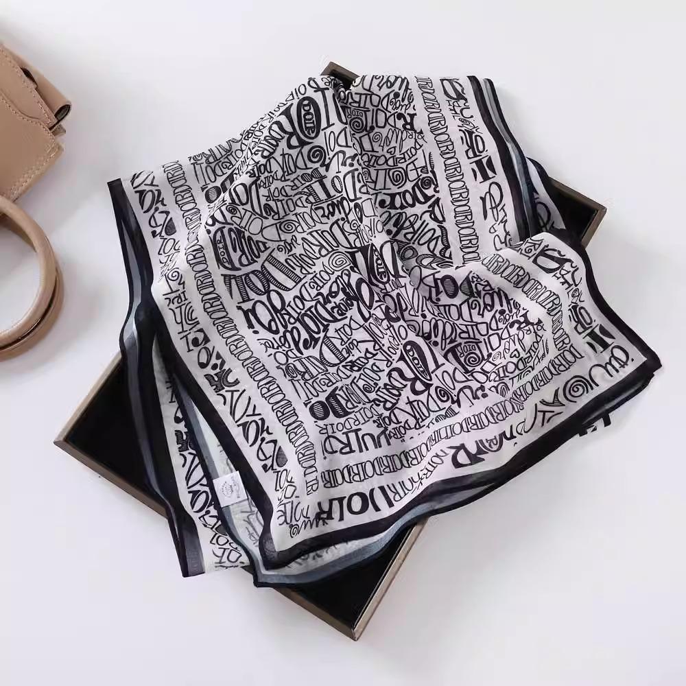 Fashion new long silk scarf women's Korean version line printing simulation silk medium length thin scarf sunscreen shawl