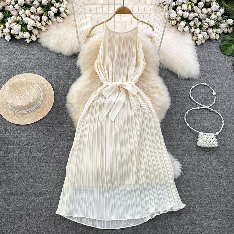 

Off-the-Shoulder Beach Dress for Seaside Vacation Fashion A- line Pleated Apricot All yards