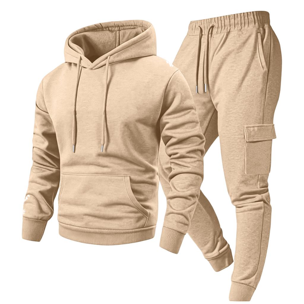 Men's Casual Outdoor Sports Two-Piece Set - Color Sweatshirt and Elastic Waist Cargo Jogger Pants