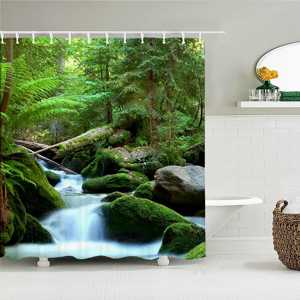 3d Printed Natural Forest Landscape Shower Curtain Waterproof Fabric Waterfall Bathroom Curtains Wall Decoration Large 300x180