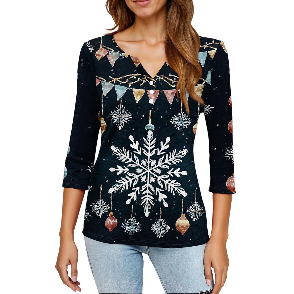 Women's Fashion Casual Christmas Tree Print V-Neck Decorative Button Three-Quarter Sleeve T-Shirt Top