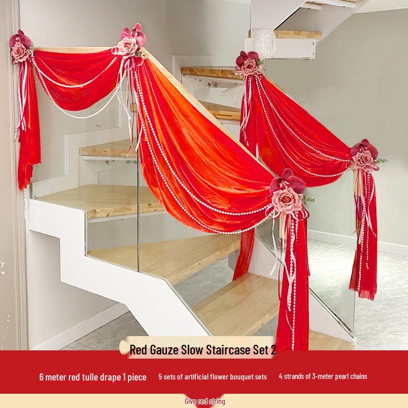 Romantic Wedding Staircase Handrail Decoration Set with Tulle, Balloons, and Pull Flowers