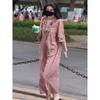 Women's Pink Floral Embroidery Half-Sleeve Maxi Dress V-Neck Loose Casual Linen Blend Long Dress