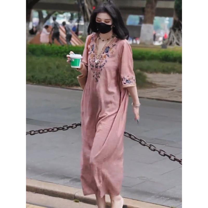 Women's Pink Floral Embroidery Half-Sleeve Maxi Dress V-Neck Loose Casual Linen Blend Long Dress
