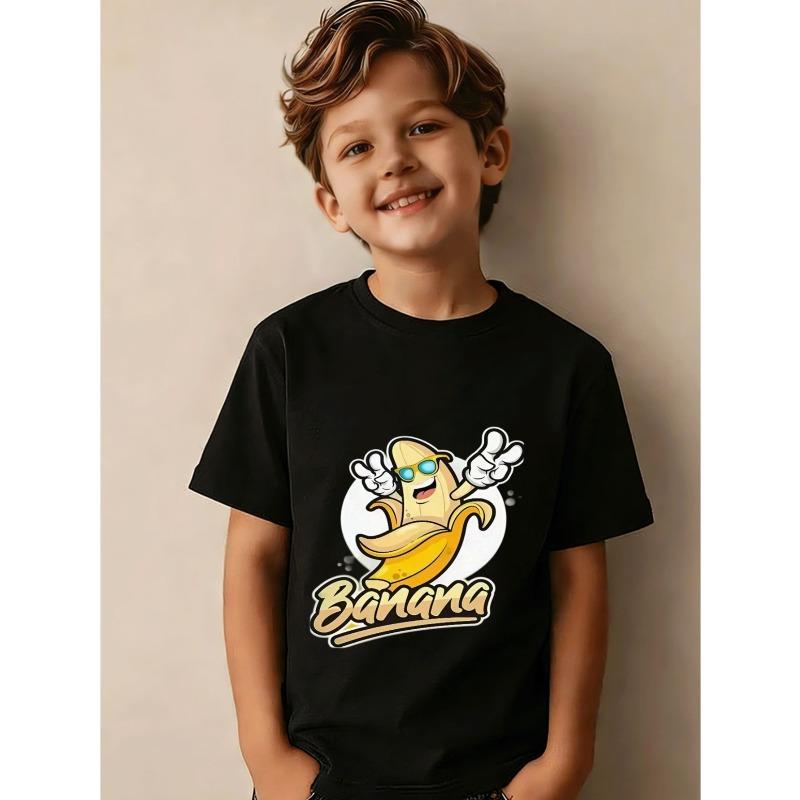 

European sizes Vibrant Banana Cartoon Character T-Shirt - Boys Soft Breathable Top, Printed with Smiling Banana Pattern And Peace Sign 98cm чёрный