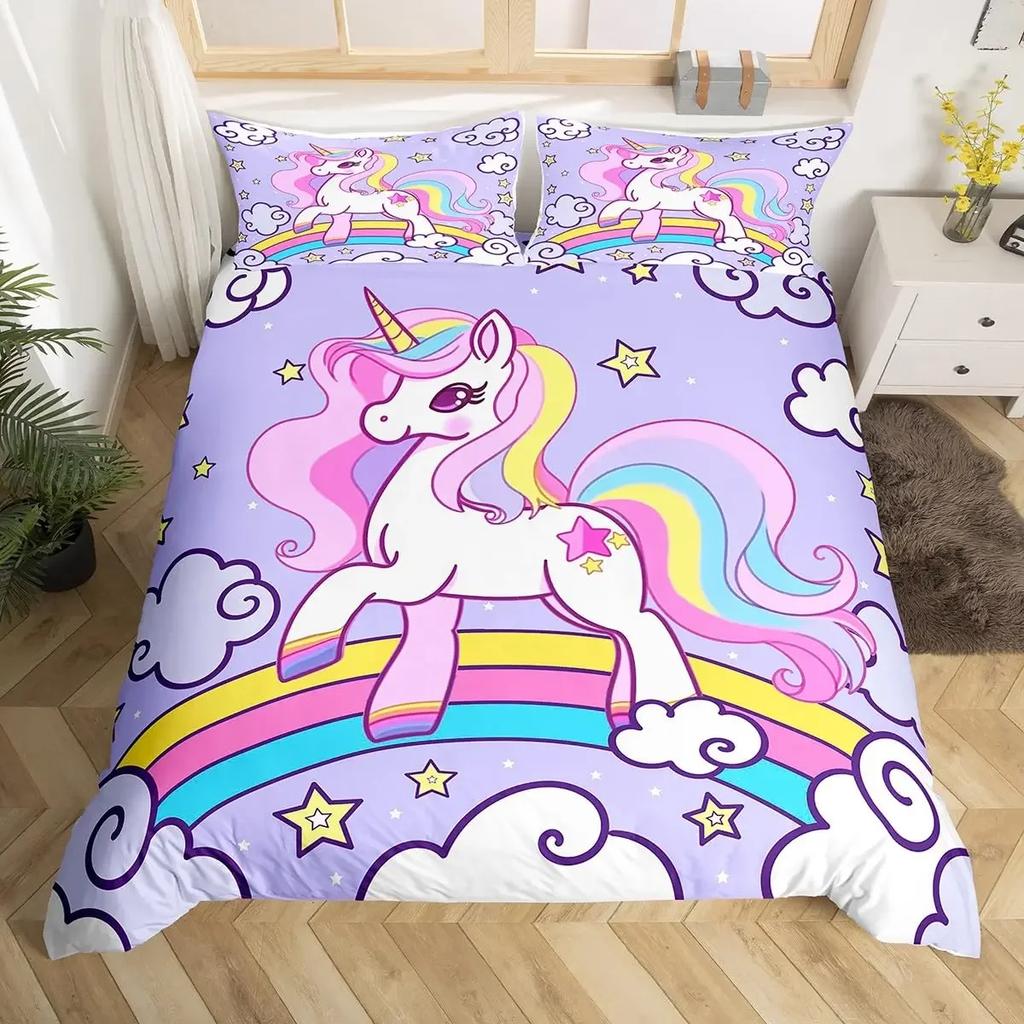 Unicorn Bedding Set Kids Purple Space Galaxy Duvet Cover Microfiber Quilt Cover Girly Cartoon Comforter Cover and 2 Pillowcases