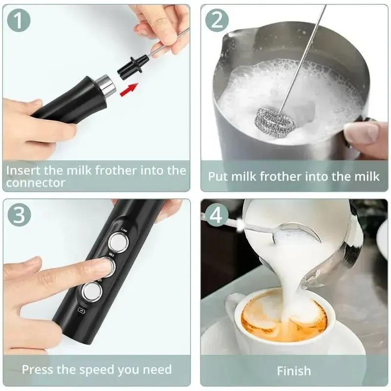 Handheld Electric Milk Frother 3 In 1 Milk Foam Maker Rechargeable 3 Speeds Adjustable Electric Foam Maker Tools Mini Milk Mixer