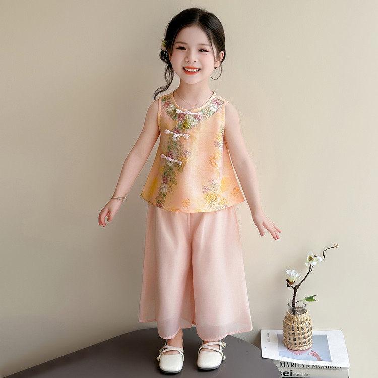 2026 New Chinese Style Girls  Sleeveless Two-Piece Summer Set - Thin Printed Design 110 cm