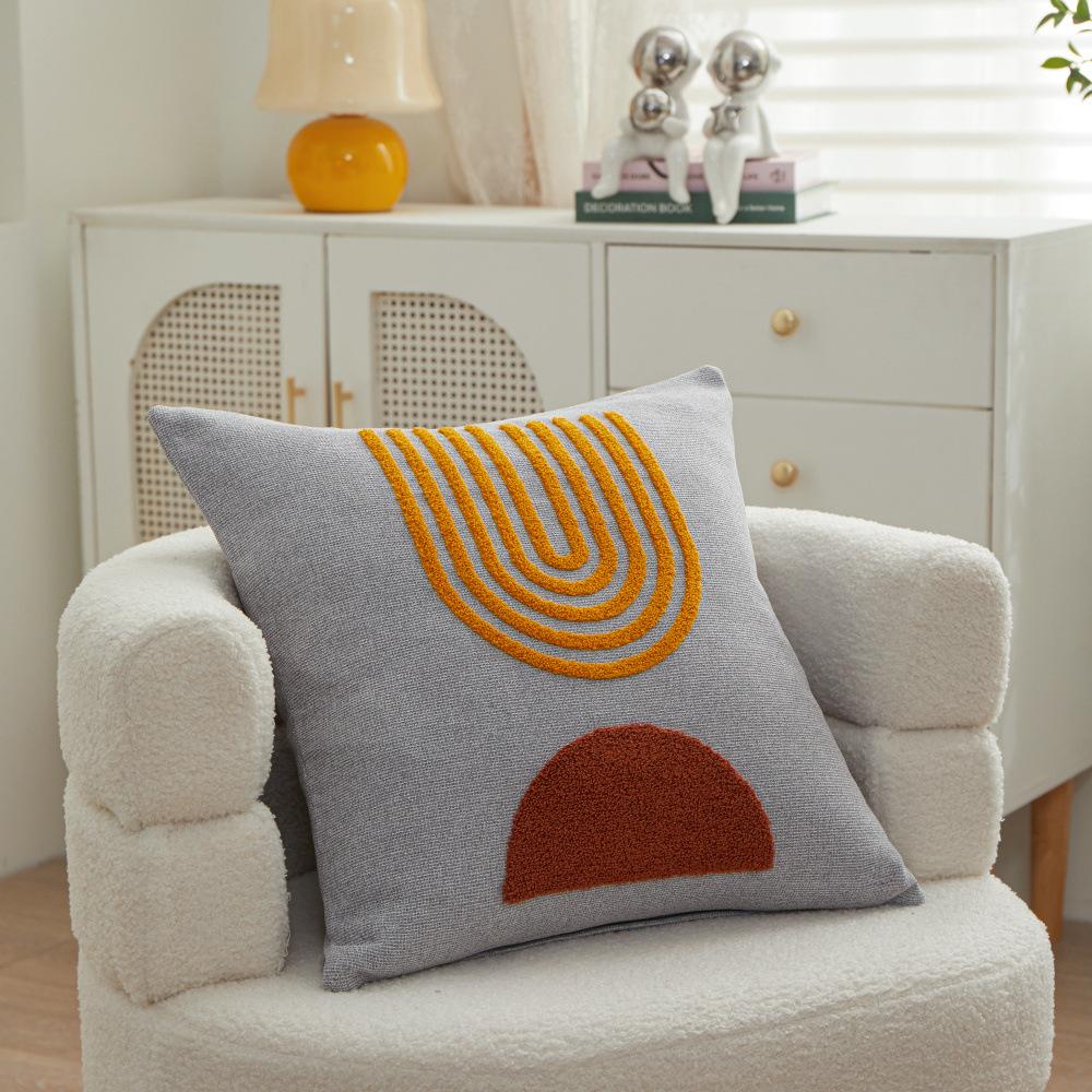 Abstract Simple Embroidery Cushion Cover 45X45Cm Chenille Pillow Cover Geometric Rising Sun Tufted Pillowcase For Sofa Couch Bed