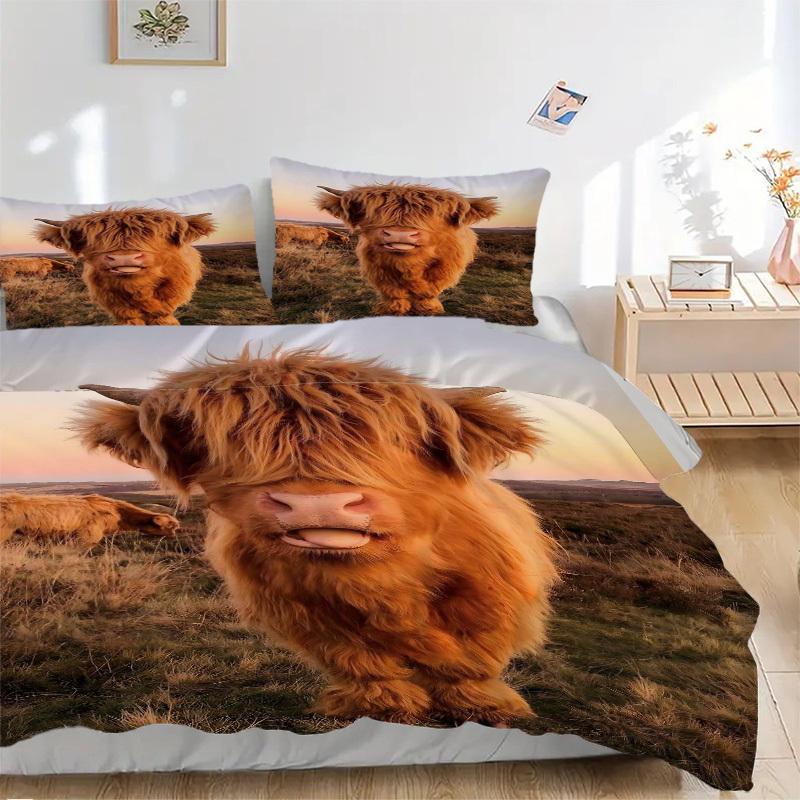 3pcs Highland Cow Bedding Set - Includes One Quilt Cover and Two Pillowcases (No Core) - Home Decor, Festival Gift, Polyester Fabric, Anime