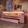 Banquette-lit rembourrée 140x200 avec ports USB et bande LED, avec bureau et 2 tiroirs, Rose