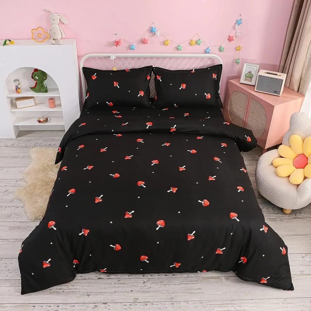Red Mushroom Kawaii Comforter Set Twin Size Kids Bedding Botanical Plant Print Quilt for Boys Girls Adults