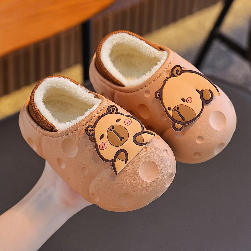 Autumn and Winter Children's Cotton Slippers for Both Boys and Girls, Warm and Plush Waterproof, Medium and Large Children's Bags with Cotton Heels