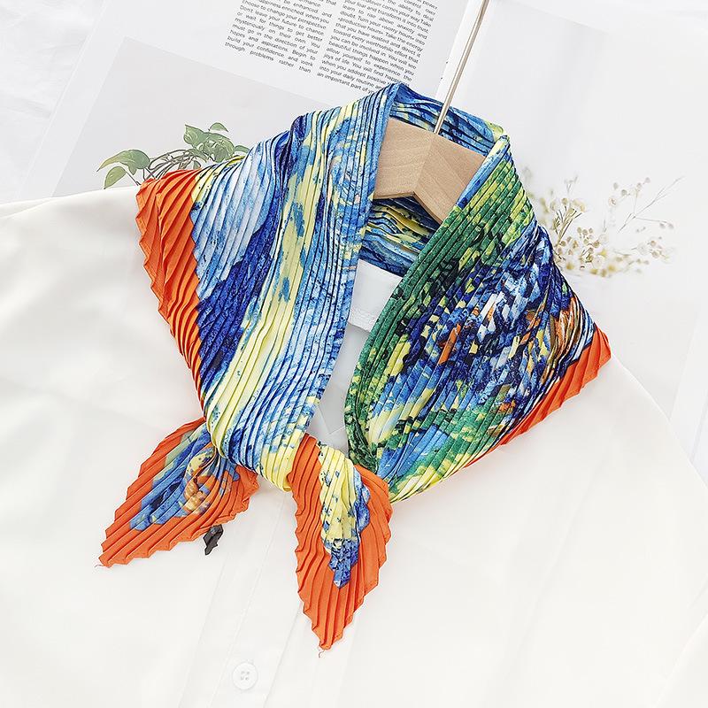 Retro Color Block Crinkled Square Scarf - 70cm Pleated Neckerchief in Imitation Silk for Women