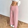 Yousheng Women Pants Casual Wide Leg Trousers Elastic Waist Adjustable Drawstring Striped Design Loose Fit Trousers Daily Wear
