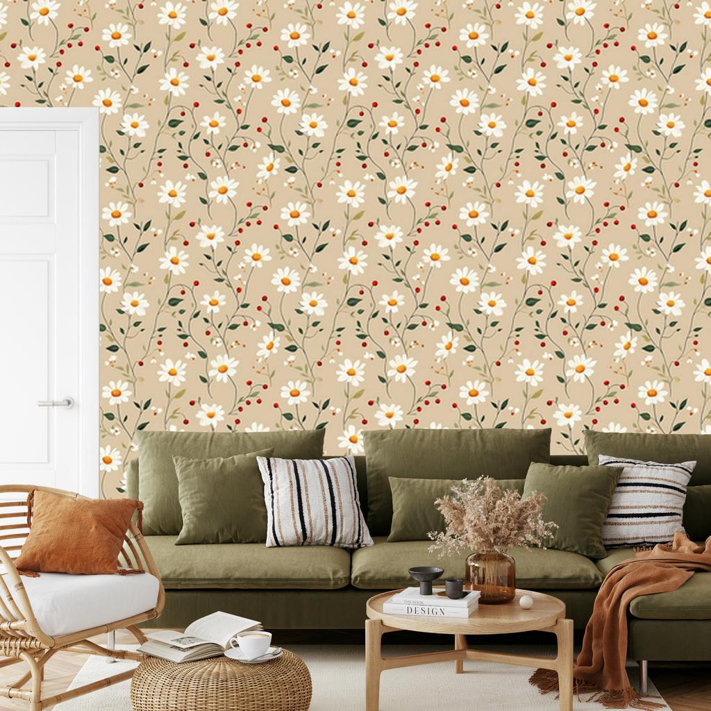 Daisy Wallpaper Beige, Cream and White for Living Room and Bedroom 50x1000