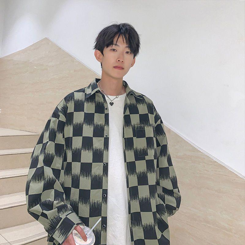 Checkerboard Shirt Men's Long-sleeved Trendy Handsome Large Size Shirt Versatile Casual Jacket