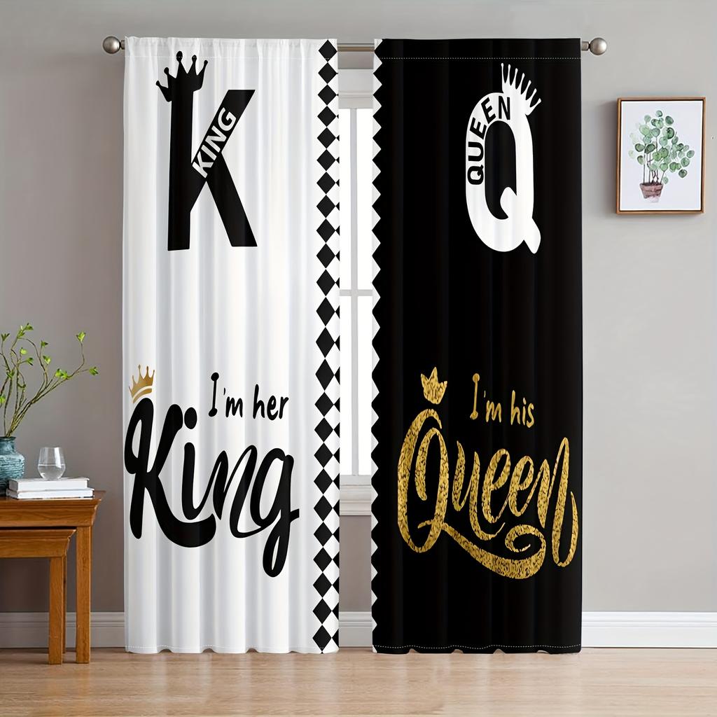 Set Of 2 Modern King Queen Black Text Gold Crown Curtains Abstract Art Design Living Room Decor Curtain For Made Polyester