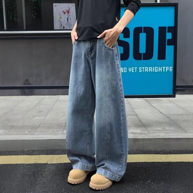 Mens Loose Straight Wide Leg Vintage Washed Casual High Street Denim Long Pants