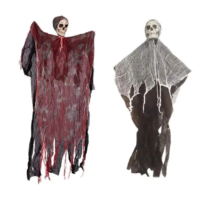 Halloween Decor Hanging Skull Blood Stained Horror Skull Head Decoration Prop Blood Red Gauze Scene Courtyard Decor