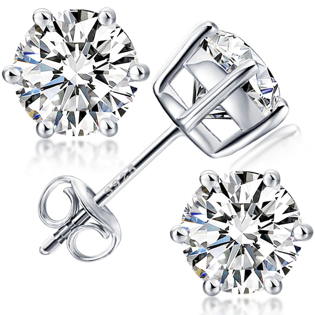 New S925 Sterling Silver Setting Round Faceted Cut Moissanite Diamond Women Ear Stud Earring Pair Fine Jewelry for Women Men