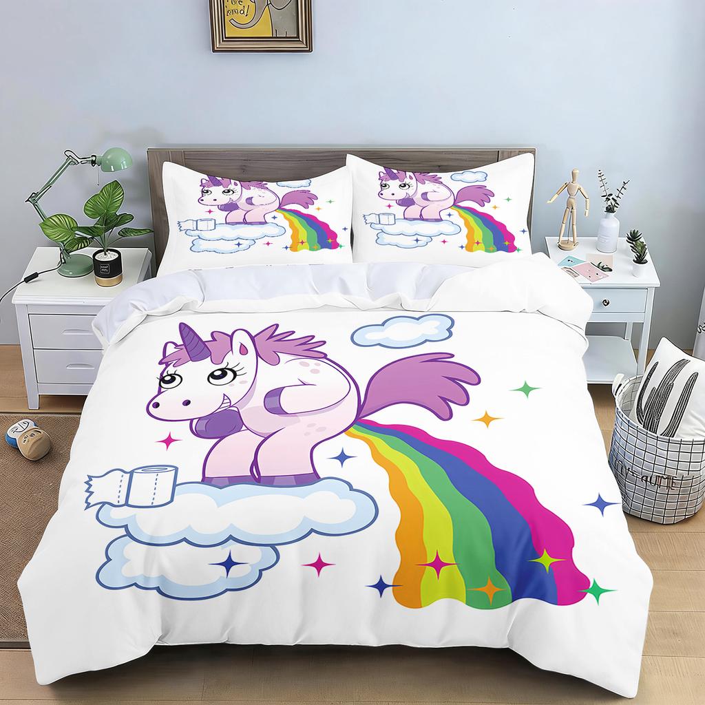 Cute Flowers Rainbow Unicorn Couple Bedding Set Pink Hearts Duvet Cover Pillowcase For Girls Bedroom Decor